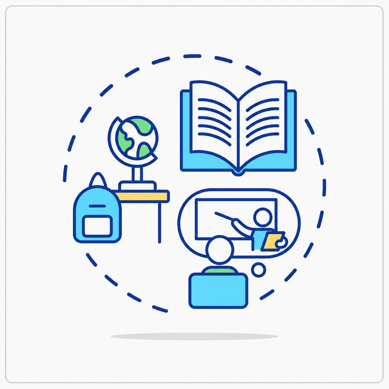 Line illustration of books, a globe and learning resources